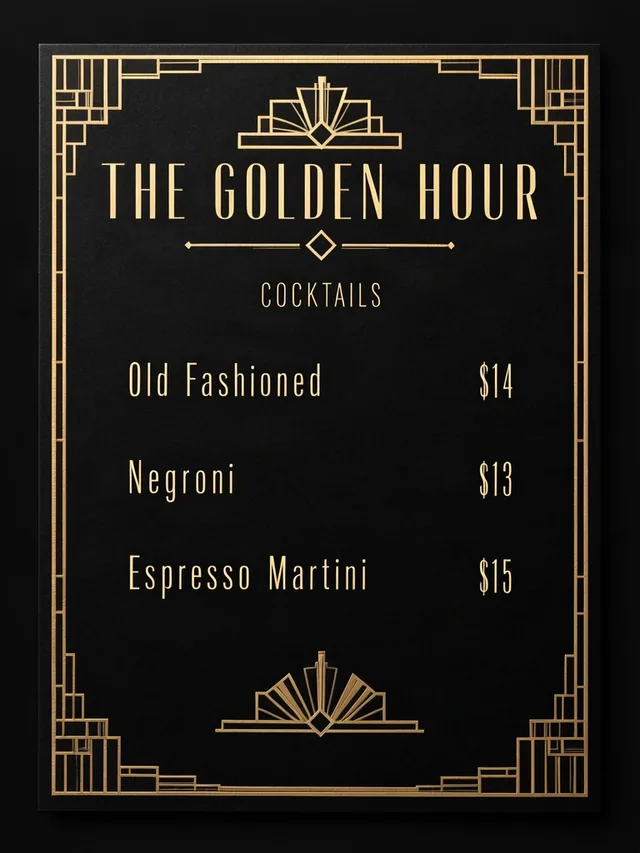 MOSS-Image Cocktail menu, with the text “THE GOLDEN HOUR”